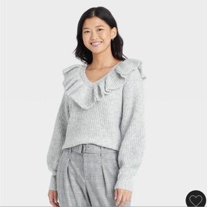 a new day Light Gray Ruffled V-Neck Sweater / Size Medium